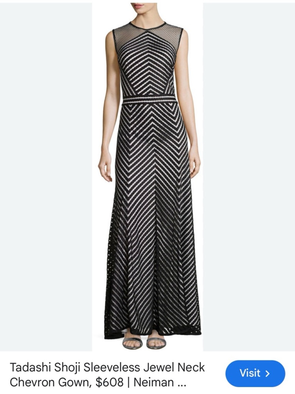 Tadashi Shoji Black and Ivory Chevron Maxi Dress